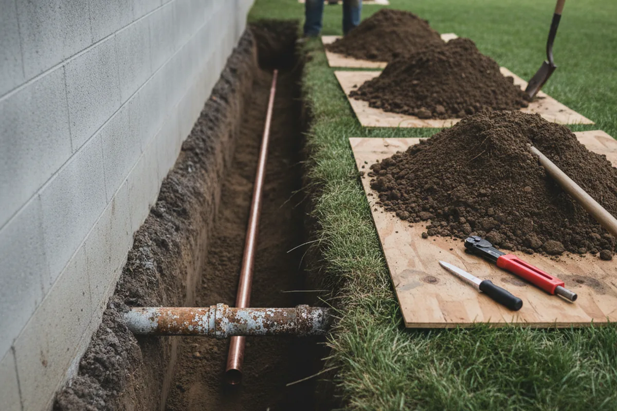 Excavated water line trench during Water Heater Repair in Reelsville